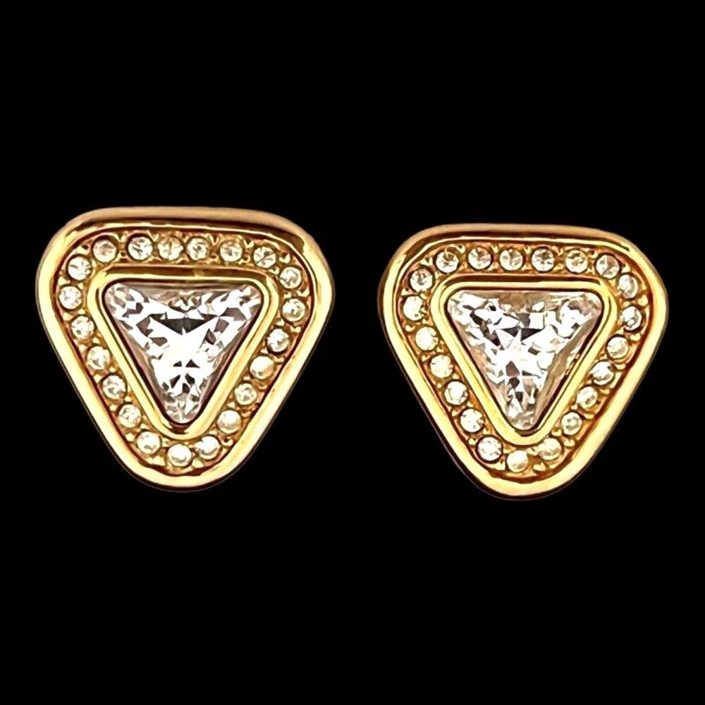 Vintage 1990s Swarovski Crystal Earrings Savvy Triangle Gold Tone NOS - 6W